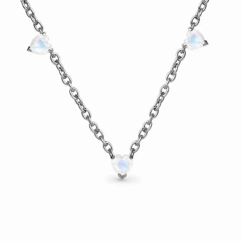 S925 Sterling Silver Three Love Moonlight Stone Pendant Necklace