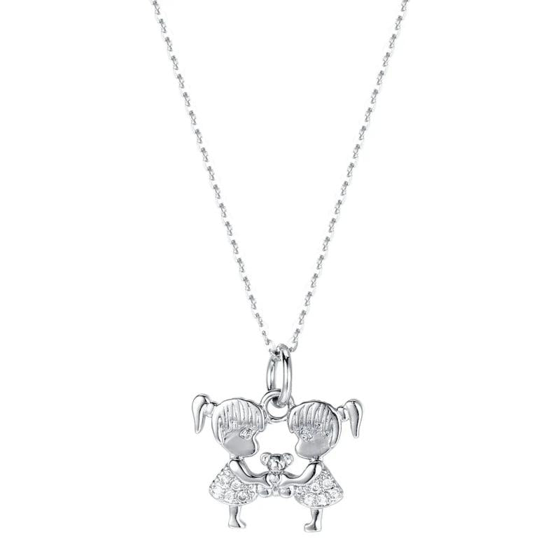 Japan & South Korea 925s Silver 2 Girls Bear Diamond Pendant Necklace