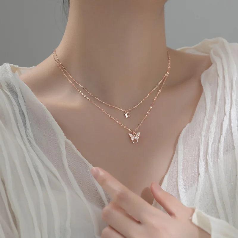 925 Silver Butterfly Charm Double Clavicle Chain Necklace