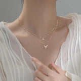 925 Silver Butterfly Charm Double Clavicle Chain Necklace