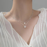 925 Silver Butterfly Charm Double Clavicle Chain Necklace