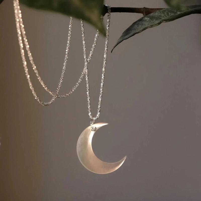 925 Silver Natural Shell Moon Pendant Necklace for Women