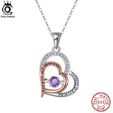 925 Silver Double Heart Women's Pendant Necklace Natural Gemstone Mother's Gift