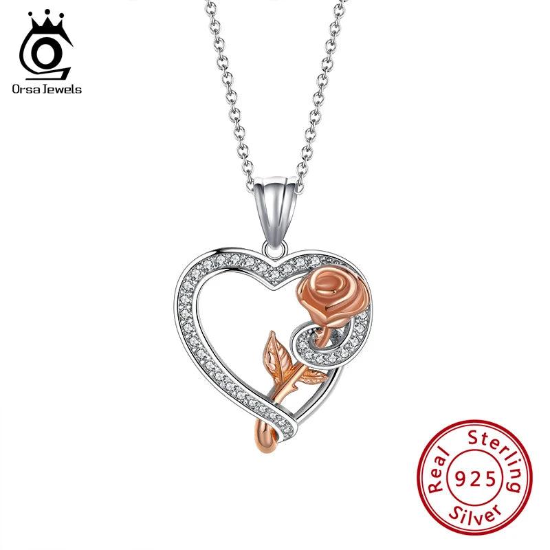 925 Sterling Silver Rose Heart Pendant Necklace Valentines Gift