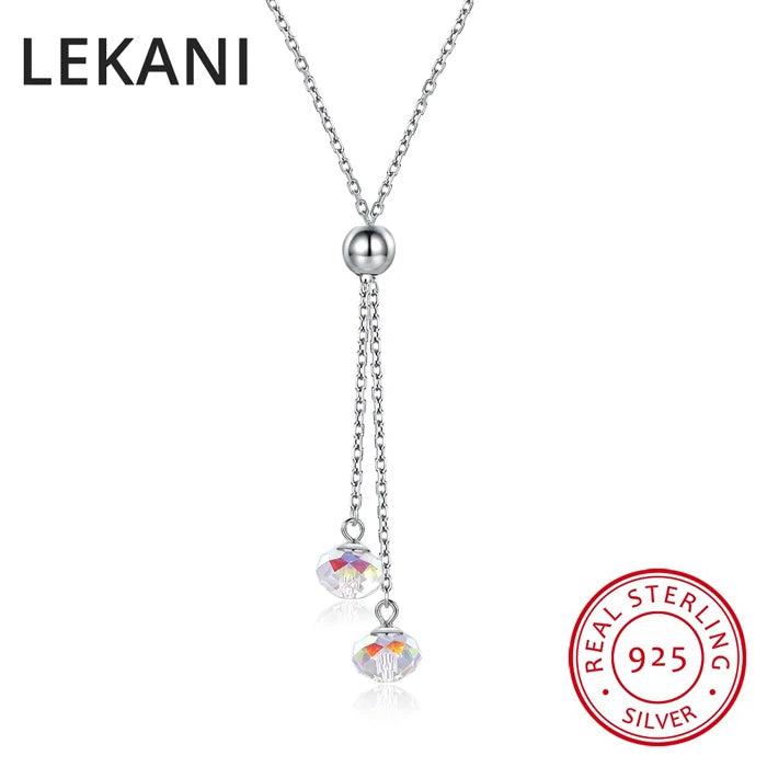 Austrian Crystal Bead Long Pendant Necklace with 925 Silver Chain