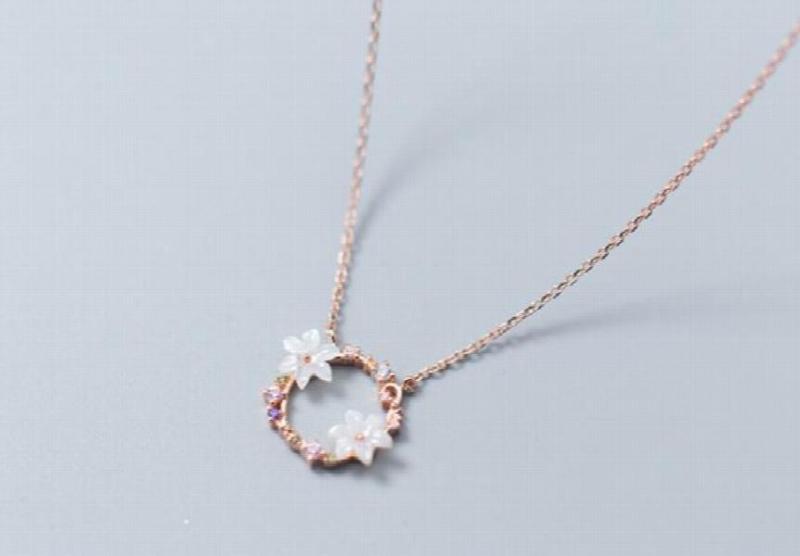 925 Sterling Silver Colored CZ Shell Flower Pendant Necklace