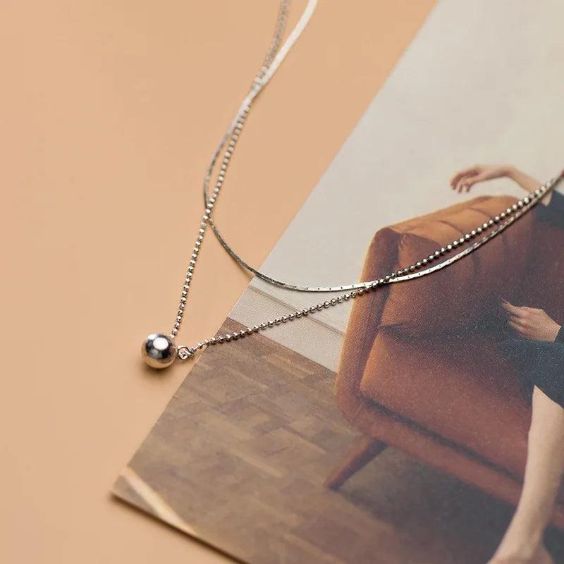 Sterling Silver Double Rows Lucky Ball Pendant Necklace