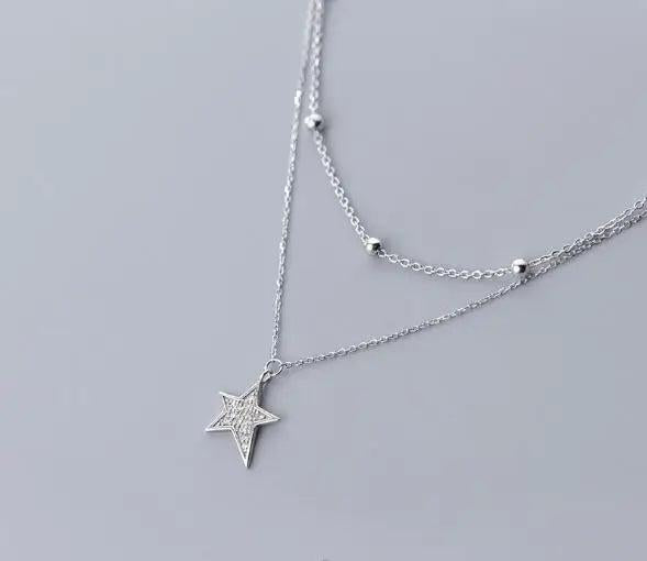 Silver 925 Double Rows Stars CZ Pendant Choker Necklace