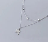 Silver 925 Double Rows Stars CZ Pendant Choker Necklace