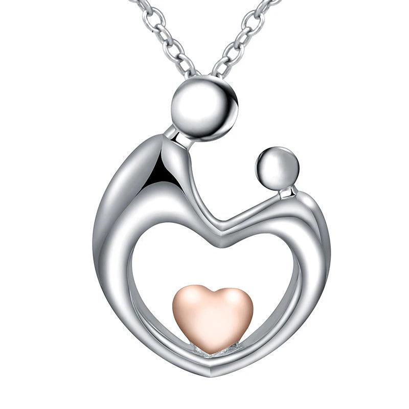 925 Silver Mother & Child Pendant Necklace Heart Family Jewelry