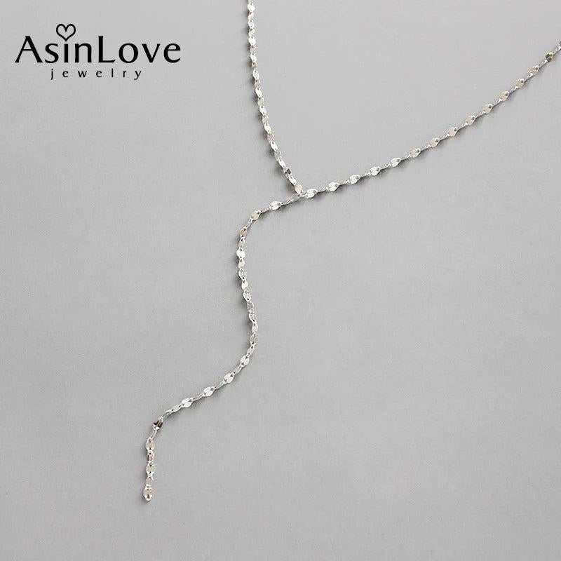Minimalist Long Tile Necklace Real 925 Sterling Silver Chain