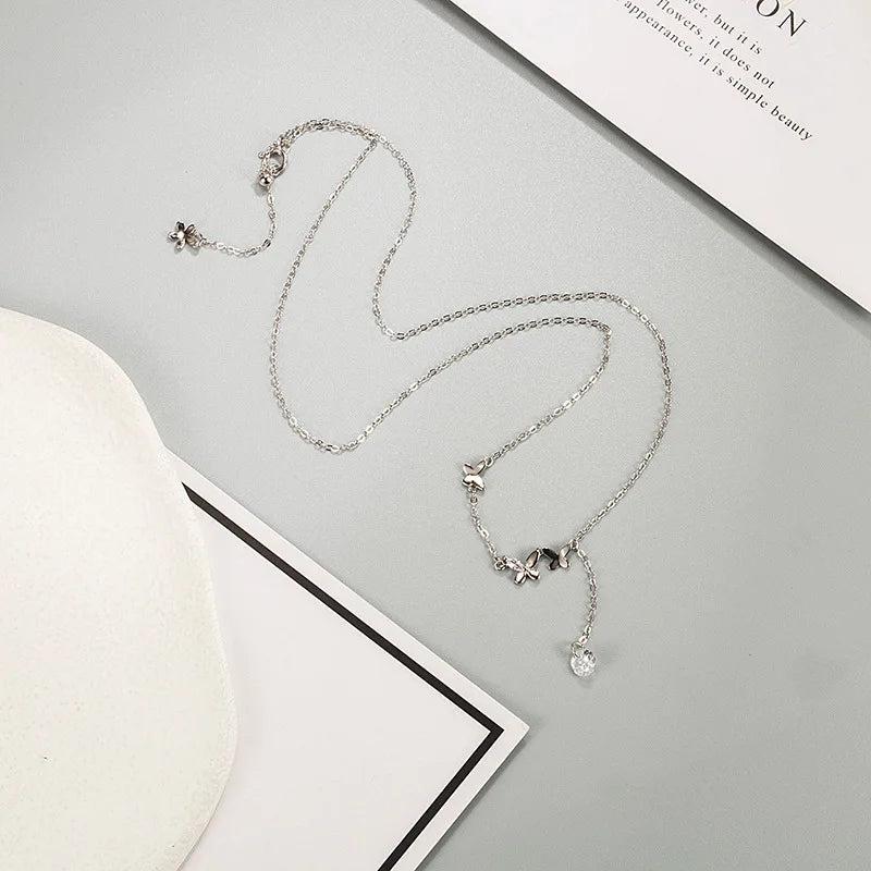 925 Silver Butterfly Tassel Diamond Necklace for Women