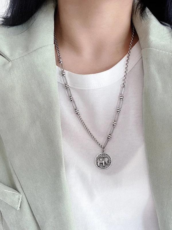 925 Silver Elephant Necklace Hip-Hop Sweater Chain Thai Silver Retro