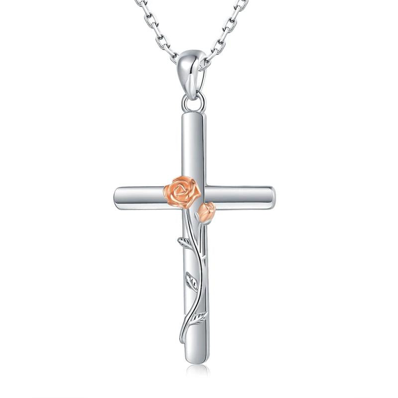 925-Sterling-Silver Cross Rose Flower Necklaces Religious Pendant Jewelry