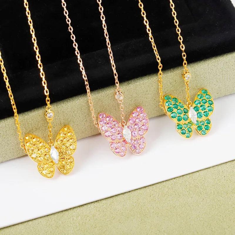 925 Silver Red Yellow Green Diamond Butterfly Pendant Necklace