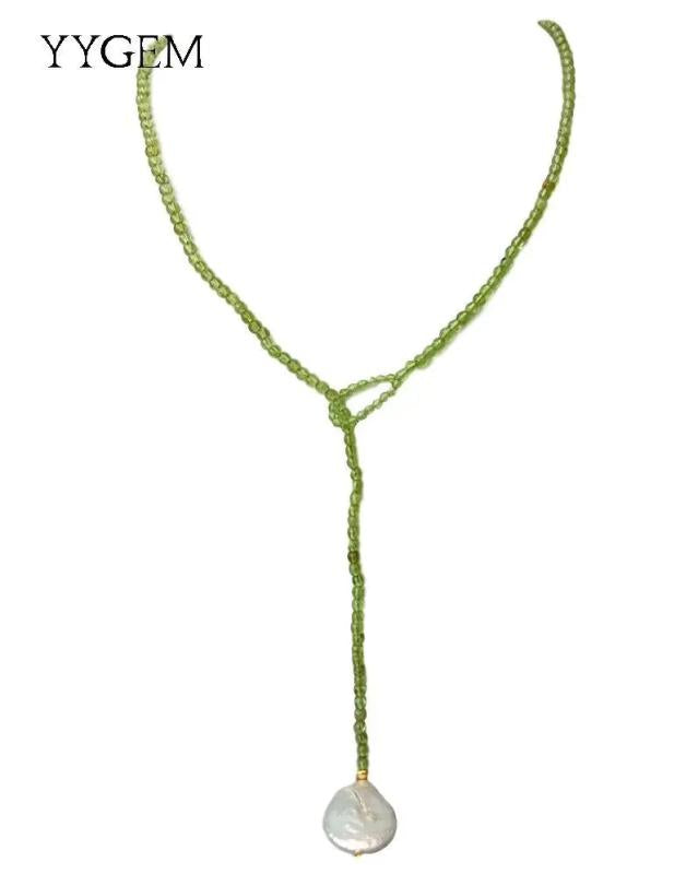 25'' Keshi Pearl Green Peridot Lariat Necklace for Women