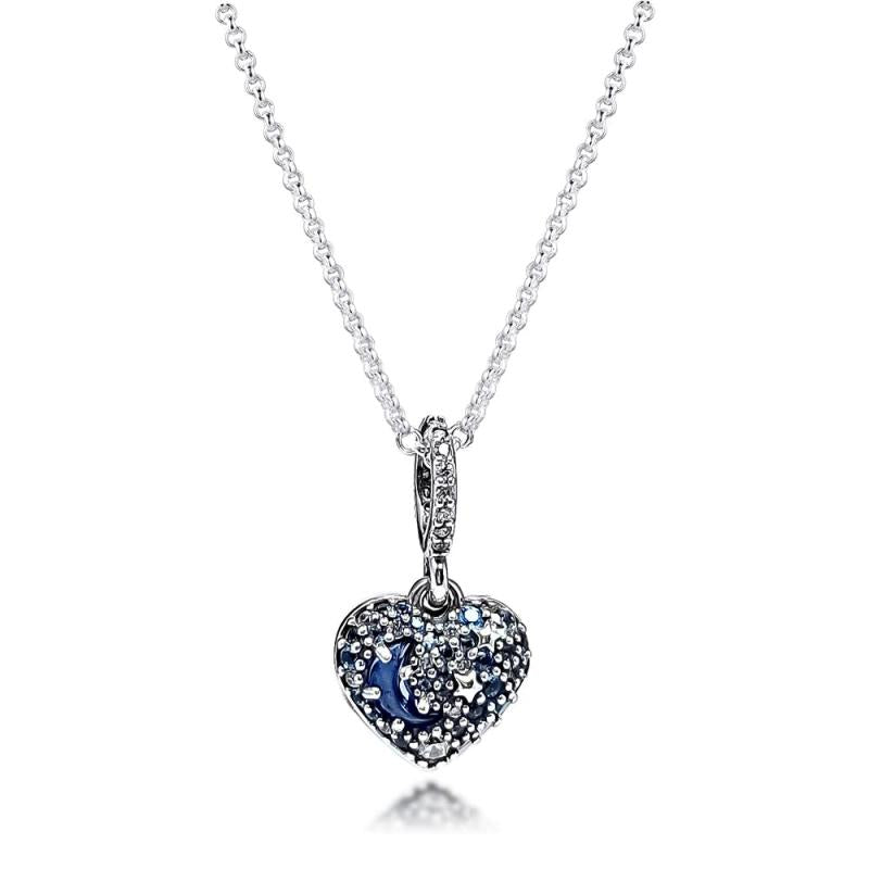 Moon & Stars Heart Necklace Sterling Silver Jewelry