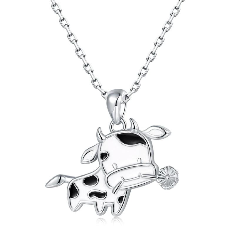 925 Silver Cow Enamel Pendant Necklace Women's Brithday Jewelry