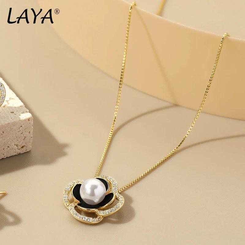 LAYA 925 Sterling Silver Pearl Necklace with Zircon Sparkle
