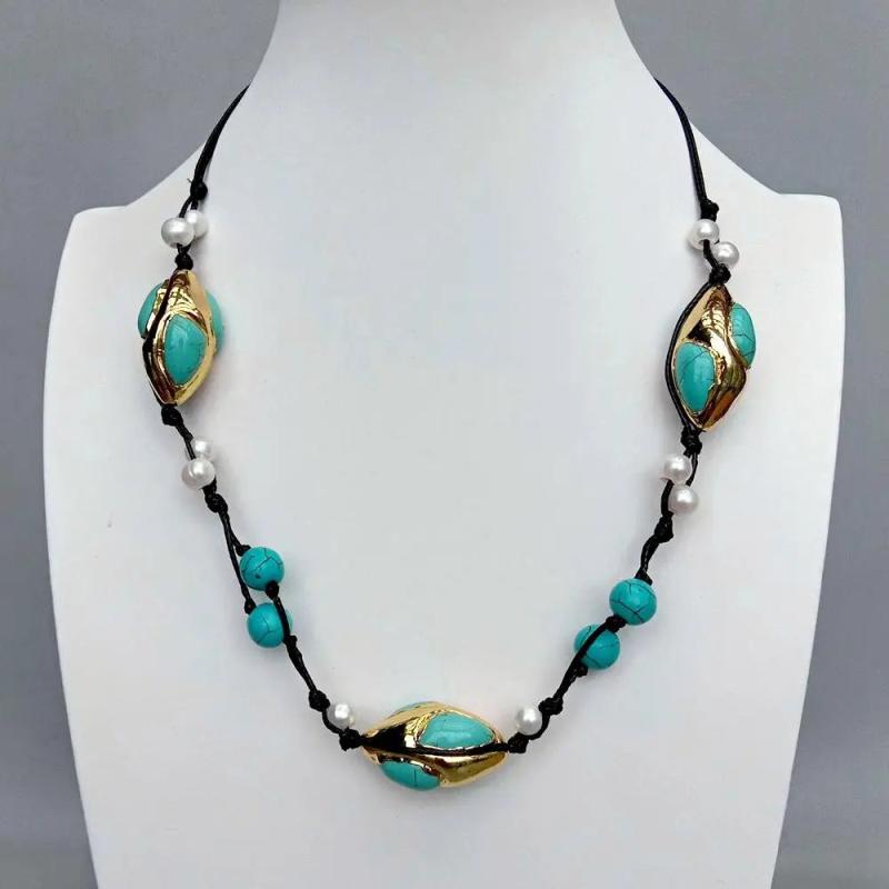 YYGEM Freshwater Pearl 18x32mm Turquoise Rice String Necklace Bohemian Jewelry