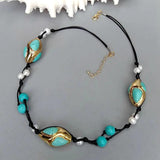 YYGEM Freshwater Pearl 18x32mm Turquoise Rice String Necklace Bohemian Jewelry