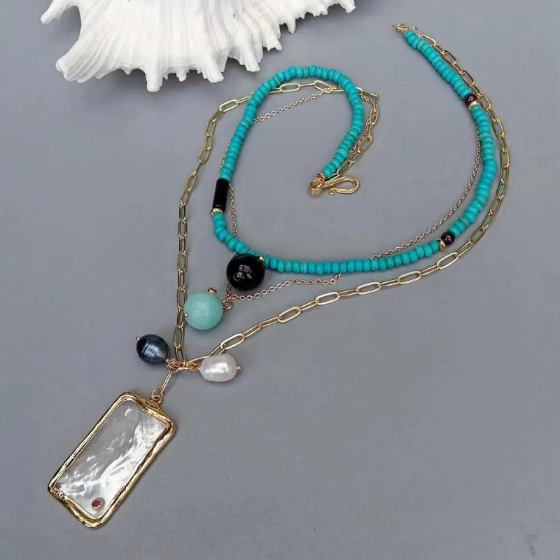 KKGEM Shell Pendant Turquoise Chain PearlAmazonite Necklace