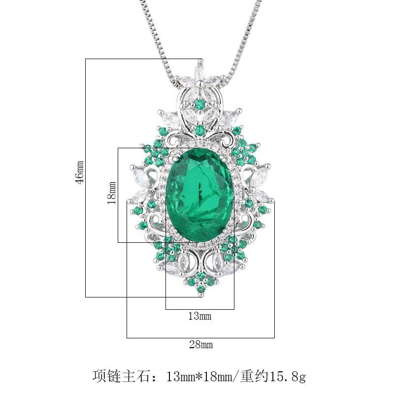 Large Oval Cut Lab Green Emerlad Sapphire Aquamarine Diamond Pendant Necklace
