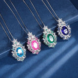Large Oval Cut Lab Green Emerlad Sapphire Aquamarine Diamond Pendant Necklace