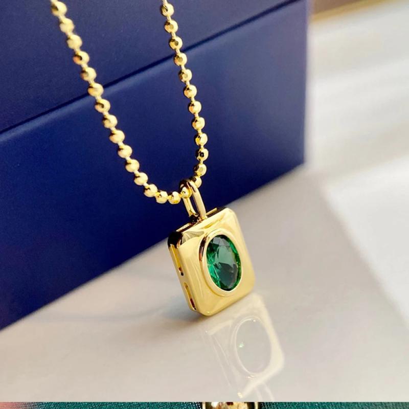 S925 Sterling Silver Rectangle Necklace Emerald Pendant