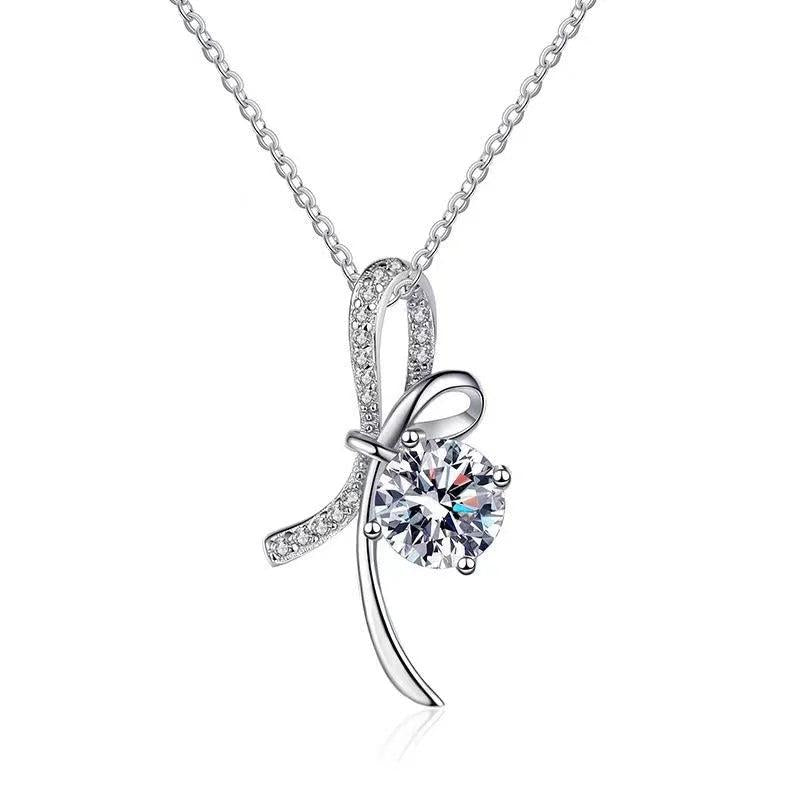 925 Silver 1ct D Moissanite Bowknot Necklace Platinum Plated Lab Diamond Gift