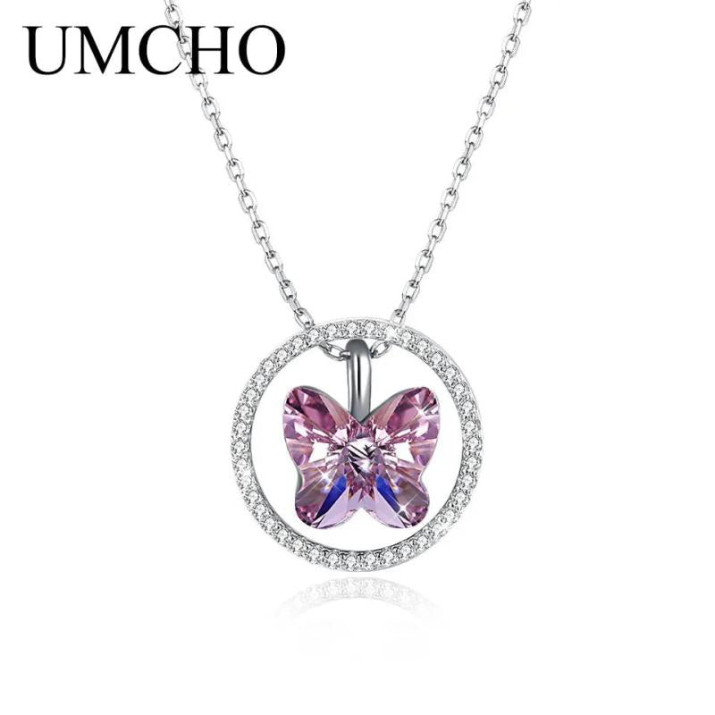 925 Silver Crystal Butterfly Pendant Necklace For Women
