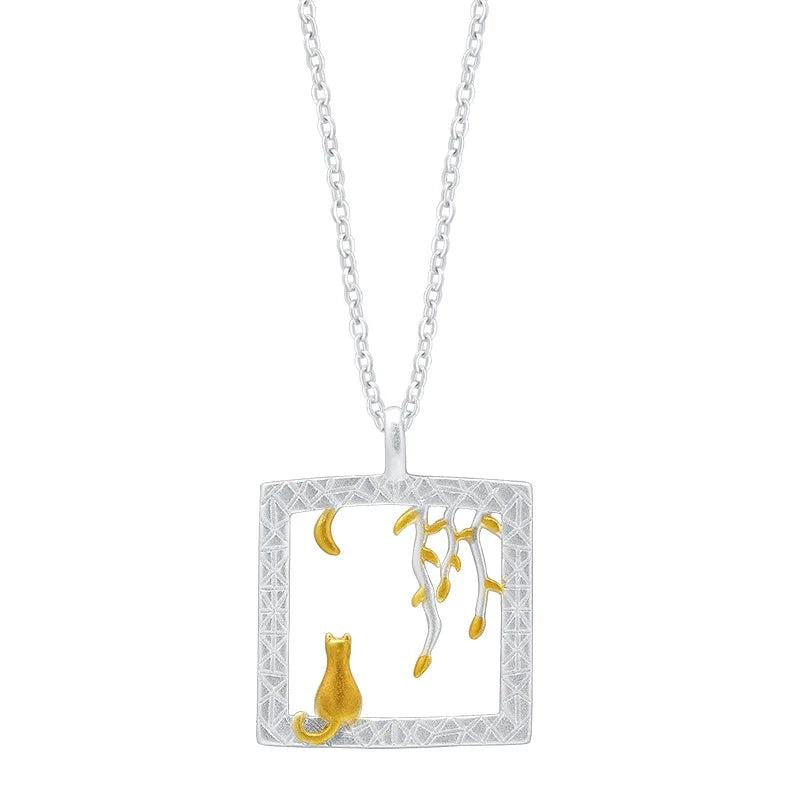 Moon Cat Willow Pendant Necklace 925 Silver Leaf Kitten Jewelry