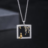 Moon Cat Willow Pendant Necklace 925 Silver Leaf Kitten Jewelry