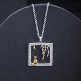 Moon Cat Willow Pendant Necklace 925 Silver Leaf Kitten Jewelry