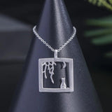 Moon Cat Willow Pendant Necklace 925 Silver Leaf Kitten Jewelry