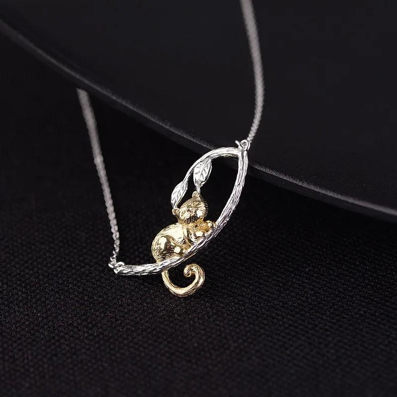 Vintage Silver Cat Pendant Necklace for Women