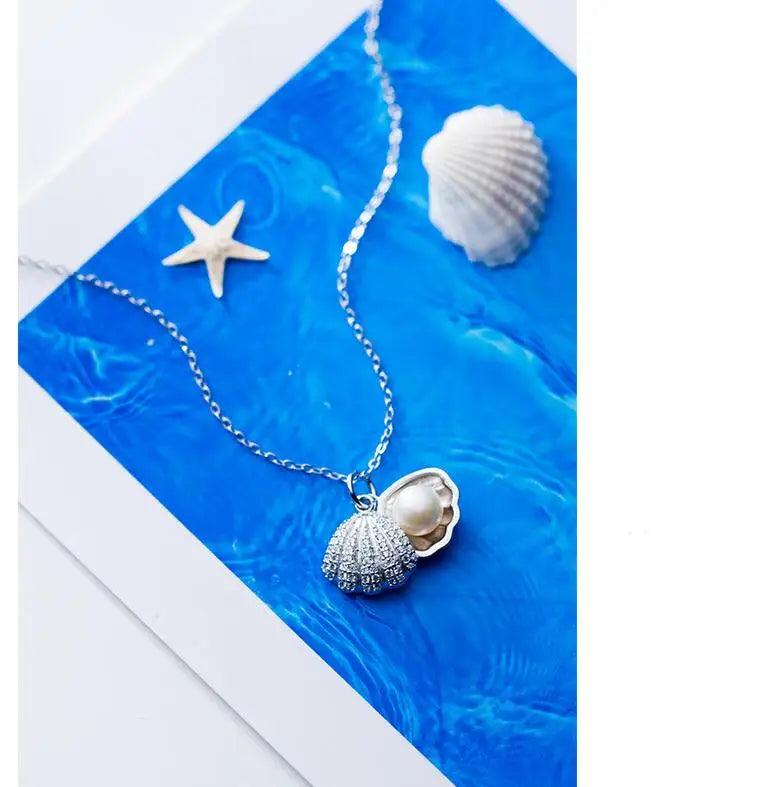 925 Silver Pearl Shell Necklace Pendant Women Lady Jewelry