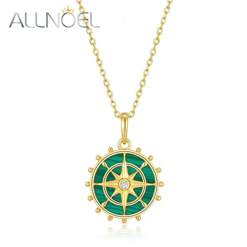 Malachite Pendant Necklace 925 Sterling Silver Rudder Coin North Star Plated
