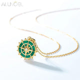 Malachite Pendant Necklace 925 Sterling Silver Rudder Coin North Star Plated