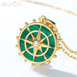 Malachite Pendant Necklace 925 Sterling Silver Rudder Coin North Star Plated