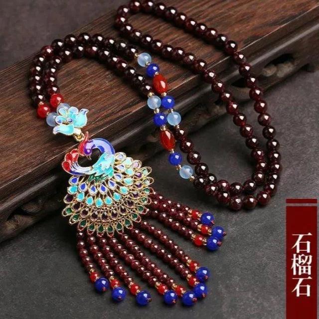 Red Garnet Jade Beads Necklace with Peacock Pendant
