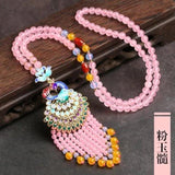 Red Garnet Jade Beads Necklace with Peacock Pendant
