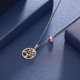 Austrian Multicolor Crystal Tree Pendant Necklace, Real S925 Silver Collar