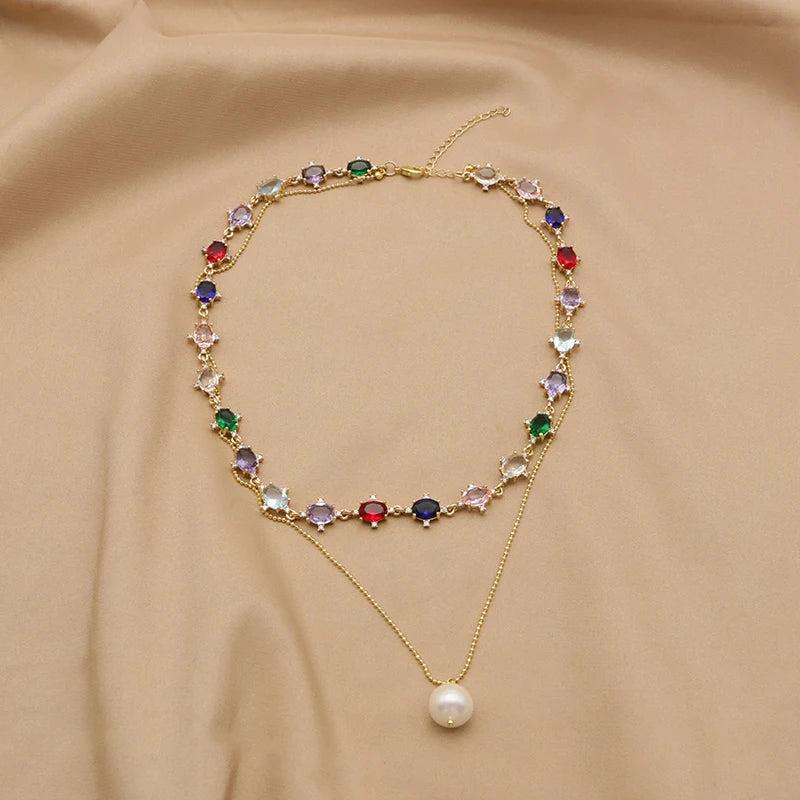 Colorful Zircon & Pearl Long Necklace