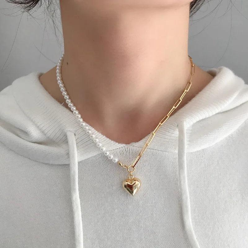 925 Silver Asymmetry Pearl Chain Heart Necklace for Women