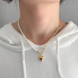 925 Silver Asymmetry Pearl Chain Heart Necklace for Women