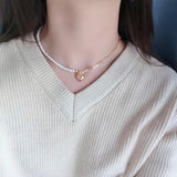 925 Silver Asymmetry Pearl Chain Heart Necklace for Women