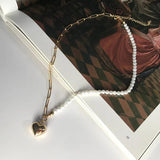 925 Silver Asymmetry Pearl Chain Heart Necklace for Women
