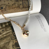 925 Silver Asymmetry Pearl Chain Heart Necklace for Women