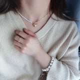 925 Silver Asymmetry Pearl Chain Heart Necklace for Women